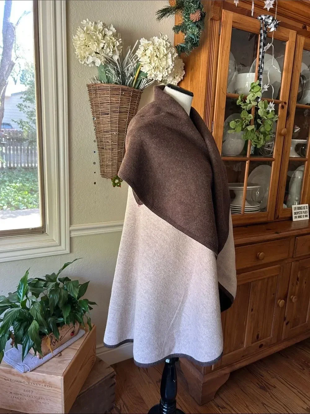Reversible Brown and Cream Shawl-Collar Wrap